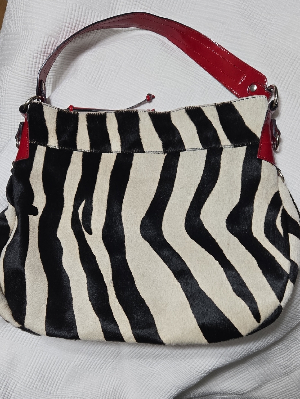 Cavalcanti Zebra Stripe Shoulder‎ Bag with Red Patent Leather Handles